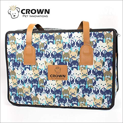 Crown Pet Innovations | Dog Carrier Purse | Travel Dog Carrier Handbag | Designer Pattern | Medium 16"L x 8"W X 11"H | Blue