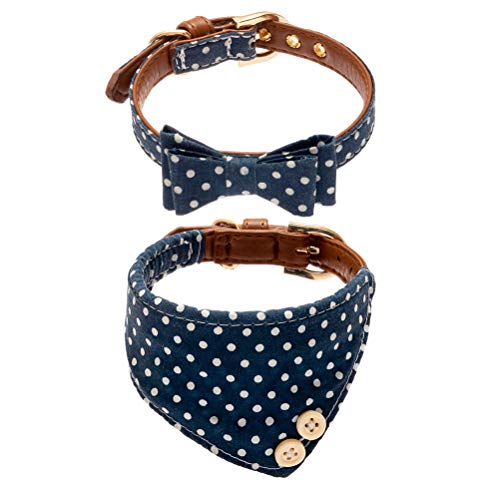 EXPAWLORER Bow Tie Dog Collar with Bell, 2 Pack Navy Blue Wave Point Adjustable Collars Bowtie Bandana for Medium Dogs