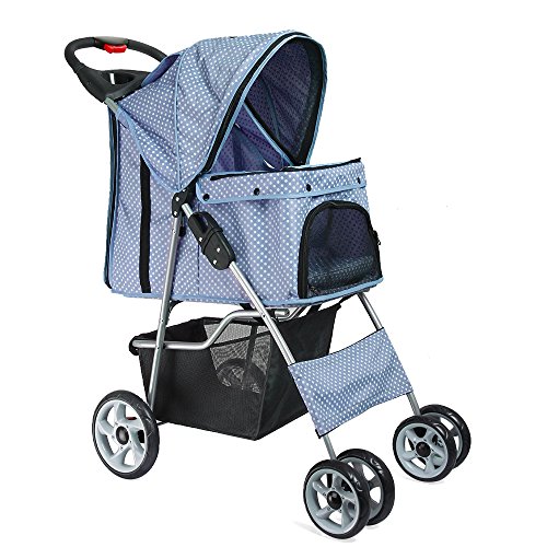 Flexzion Pet Stroller (Sky Blue Dot) Dog Cat Small Animals Carrier Cage 4 Wheels Folding Flexible Easy to Carry for Jogger Jogging Walking Travel Up to 30 Pounds with Sun Shade Cup Holder Mesh Window