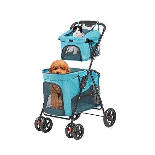 LUCKYERMORE Dog Cat Stroller Double Pet Jogger Stroller Folding Travel Carrier Cart for 2 Kitten Puppy, Easy to Fold
