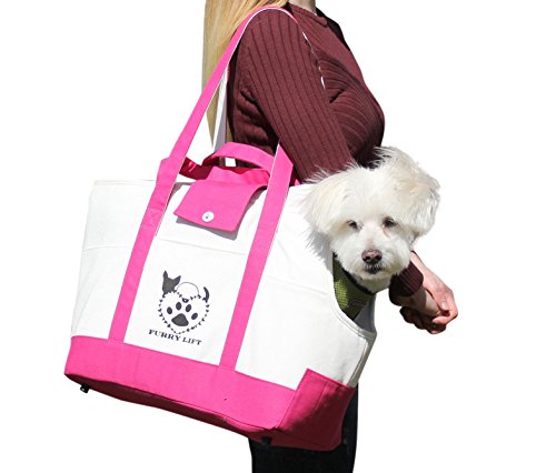 Furry Lift Pet Carrier Purse for Dogs or Cats, 8 Inner and Outer Pockets for Phone and Supplies, Safety Flaps, Up to 15lbs, Sherpa Insert, Perfect for Subway, Car, and Bus Travel (Pink and White)
