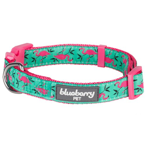 Blueberry Pet Essentials 8 Patterns Pink Flamingo on Light Emerald Adjustable Dog Collar, Small, Neck 12"-16"