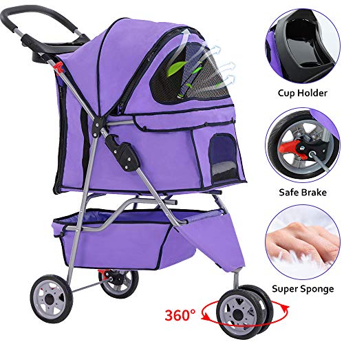 XXFBag Pet Stroller for Dog/Cat Jogger Stroller Travel Easy Fold with Removable Liner,Cup Holder,Storage Ventilation 3 Wheels 35Lbs Capacity for Small-Medium Dogs, Cats