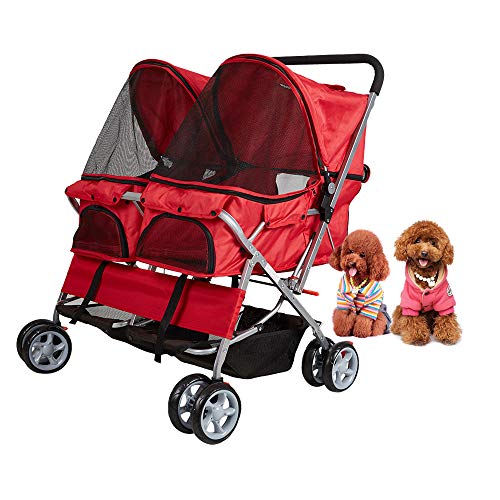 Dporticus 4 Wheel Pet Stroller Foldable Two-Seater Carrier Strolling Cart for Dog