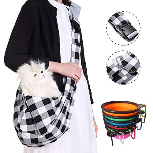 Small Dog Sling Carrier Adjustable Dog Slings for Small Dogs Black and White Plaid Summer Slim Hand Free Pet Dog Slings, with Mobile Phone Pocket Pet Folding Bowl Set, Up to 10 lbs