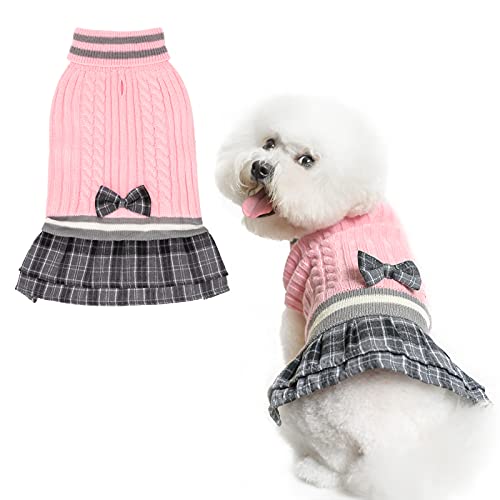 Dog Sweater Dress Plaid Dress with Bowtie