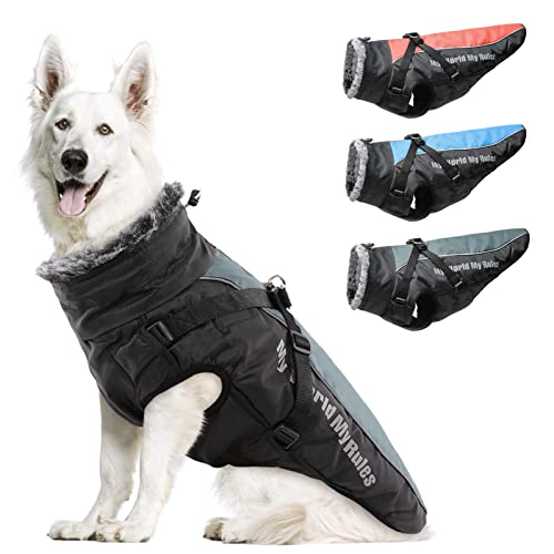 Large Dogs Winter Jackets with Harness & Furry Collar