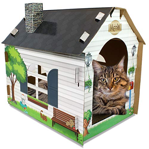 ASPCA 2 in 1 cat house with scratching Board interior. Private place for your cat to rest and play