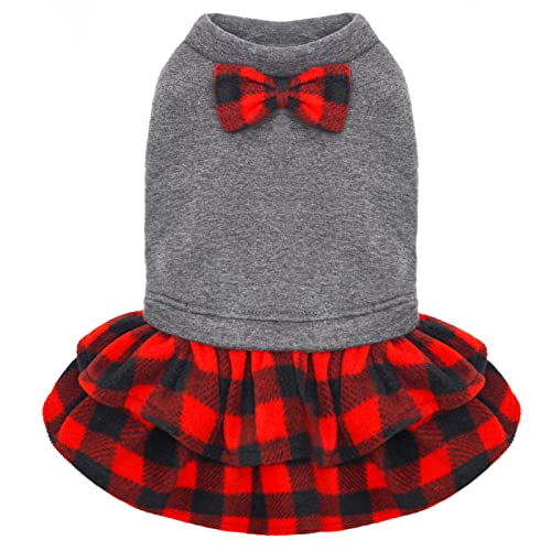 Plaid Christmas Dogs Flannel Dress with Bowknot