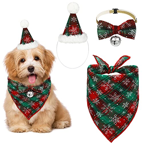 Christmas Dog Bandana Hat Bow Tie Set Plaid