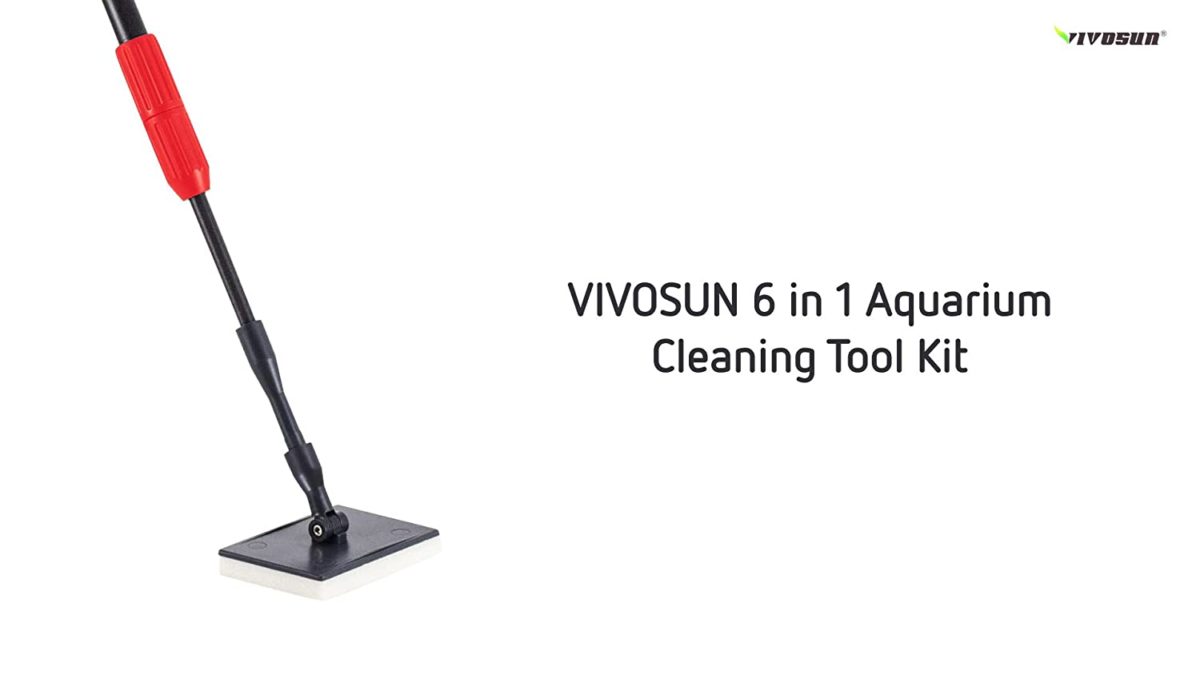 VIVOSUN 6-in-1 Aquarium Cleaning Tools 6 Different Attachments: The cleansing set is designed for cleansing every kind of algae, mud, and stains out of your aquarium; The set consists of: Adjustable Angle Flat Brush, Square Brush, Algae Removal Knife, Tube Brush, Fish Net, Sand Rake, and Fiberglass Rod with extendable deal with