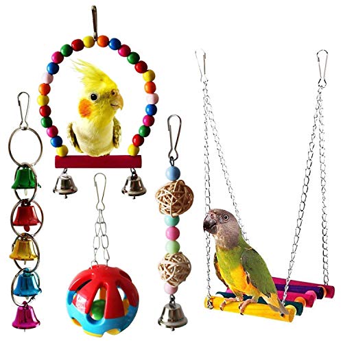 Parrot Cage Toys Set Colorful Wood Bells and Wooden