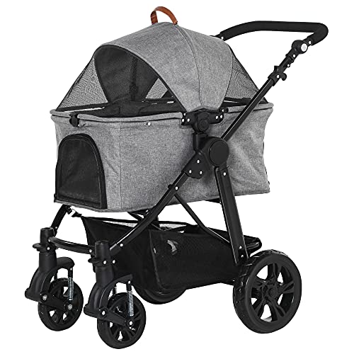 PawHut Dog Stroller with Adjustable Canopy Safety Leashes