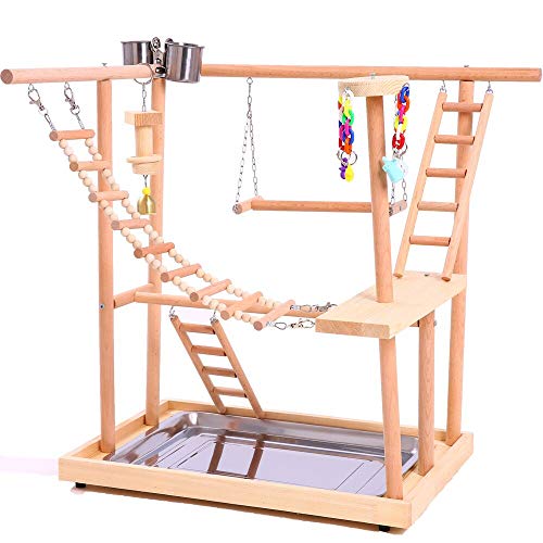 QBLEEV Wood Parrot Playground Perches with Swing