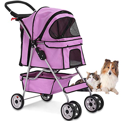 4 Wheels Pet Stroller Travel Folding Carrier with Cup Holders