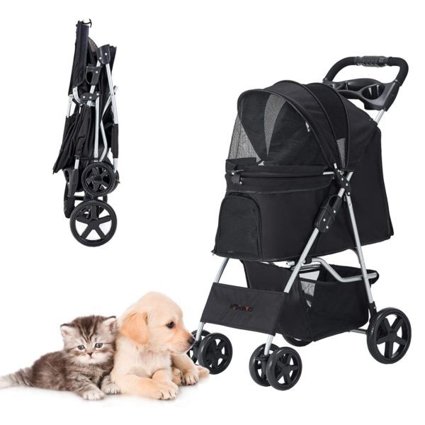 Cat Dog Stroller for Medium Small Dog with Storage Basket