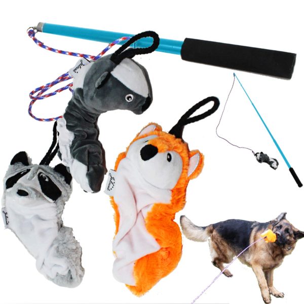 Dog Flirt Pole with Three Squeaky Toys Plush Toys