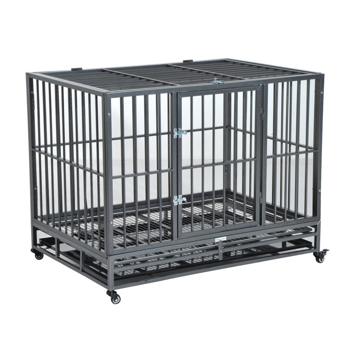 PawHut Heavy Duty Steel Dog Crate & Kennel Removable Tray Pet Cage Playpen w/Wheels for Training Indoor Outdoor Grey Vein 42.5" L x 30" W x 34.5" H This heavy obligation dog kennel is secured by 2 slide-bolt latches on the entrance entry door and a central slide-bolt latch on the highest hatch. The metal body retains your pets safe inside. This sturdy dog crate features a strong slide out tray and a slide out flooring grate for simple cleansing and upkeep.
