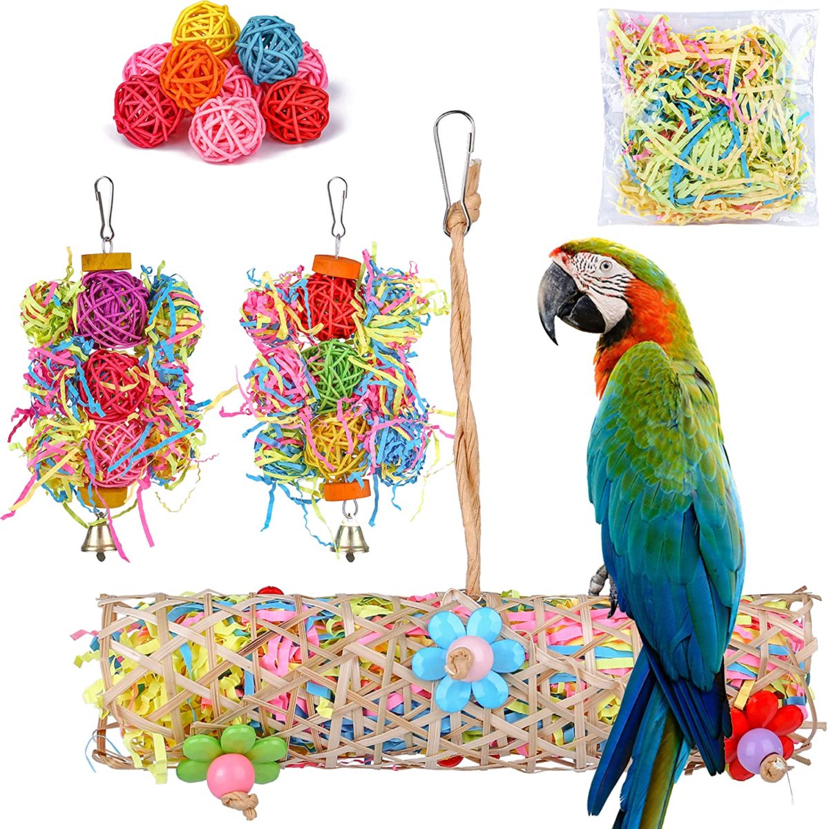 Parrot Bird Chewing Toys Hanging Foraging Shredder The chicken toys are designed not just for leisure, but in addition to cater to the intuition of birds. Chewing and shredding are birds' pure behaviors and related to foraging and nesting, which contribute to the birds' bodily and emotional well being. You can even fill rattan balls with meals to encourage birds to forage. 2 bells could make a sound when birds pecking at them. The cockatiel toys can be used to brighten a chicken cage, offering a wonderful habitat for birds.