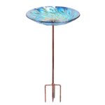 31-inch peacock glass birdbath with a four-pronged metal stake, featuring a vibrant handmade bowl perfect for garden or patio decoration.