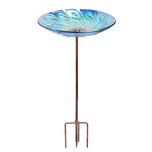 31-inch peacock glass birdbath with a four-pronged metal stake, featuring a vibrant handmade bowl perfect for garden or patio decoration.