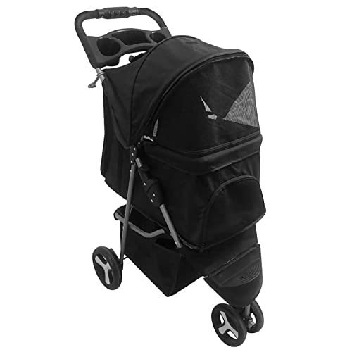 3-Wheel Foldable Pet Stroller with Weather Cover, Storage Basket, and Cup Holder - Ideal for Cats and Dogs.