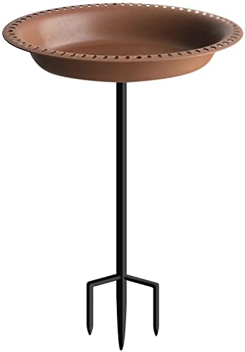 28-inch lightweight chocolate birdbath and feeder with sturdy steel stake, perfect for attracting birds and enhancing outdoor gardens with a decorative, weatherproof design.