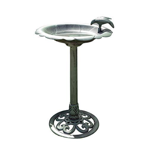 Alpine Corporation TEC114 Antique Flower Birdbath with a natural green finish, featuring a shallow bowl for birds, perfect for enhancing garden decor and attracting wildlife