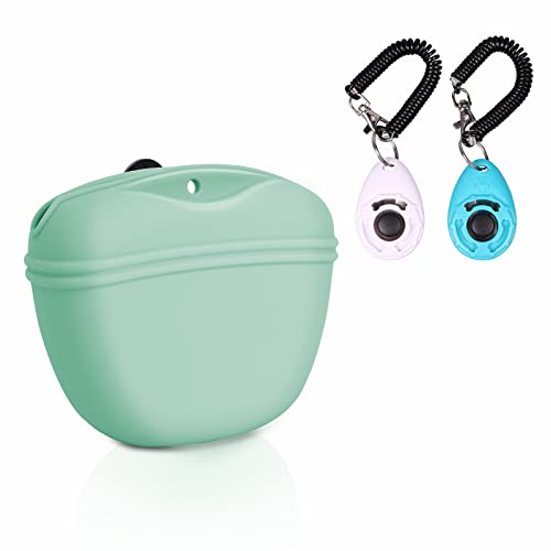 Silicone dog treat pouch with magnetic closure, featuring two clickers for pet training, in multiple color options for easy carrying during walks or training sessions