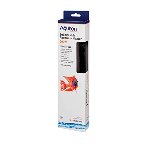 Aqueon 200W Submersible Aquarium Heater designed for fish tanks up to 75 gallons, featuring adjustable temperature settings and built-in safety features for optimal aquatic health.