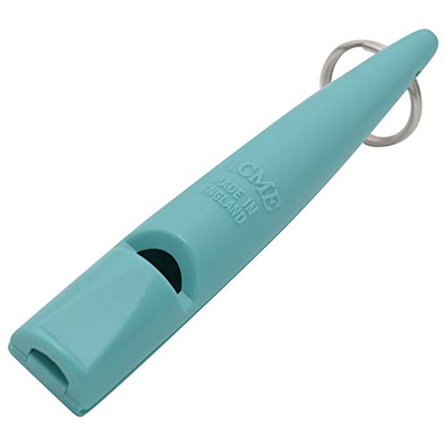 Turquoise All-Round Dog Training Whistle with a high-pitch sound, designed for both close and distance control, featuring weather-proof durability and crafted in the UK.