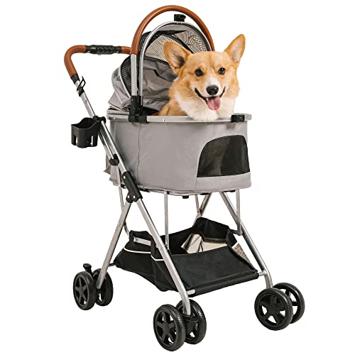 Zipperless Dog/Cat Stroller with Easy Fold and Removable Liner - Includes Storage Basket, Cup Holder, and Cooling Gel Pad.