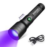 USB-C rechargeable UV flashlight with zoomable feature for detecting pet stains, counterfeit money, and hidden inks, featuring an IP54 waterproof design.