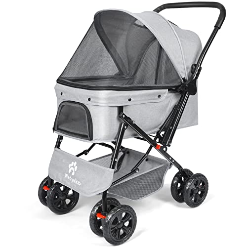 Pet stroller with a reversible handle and breathable mesh windows, designed for medium dogs and cats, featuring 360° rotating front wheels and sturdy construction.