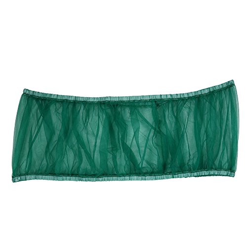 Green breathable nylon birdcage cover securely fitted around a birdcage, preventing seeds and debris from scattering