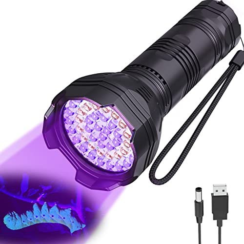 Minorz UV Flashlight with 51 LEDs for detecting pet urine and stains, featuring rechargeable battery and 365-395nm wavelength coverage.