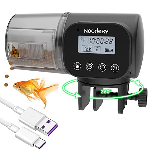 Noodoky Automatic Fish Feeder with USB charging, showcasing its user-friendly design, manual feeding button, and customizable timed settings for aquariums.