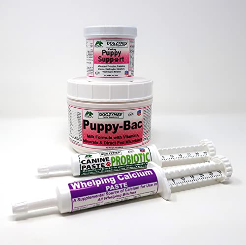 Dogzymes Whelping Kit containing calcium paste, probiotic paste, fading puppy support, and puppy milk replacer for canine breeding and puppy care