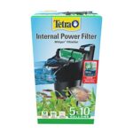 Tetra Whisper 10i Internal Power Filter in black, mounted inside a 5-10 gallon aquarium, providing quiet and efficient water filtration with included air pump. 