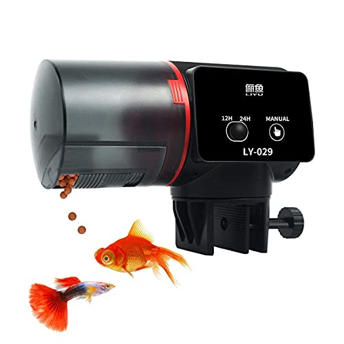 Automatic fish feeder with a large capacity hopper and adjustable feeding settings, perfect for aquariums or turtle tanks. 