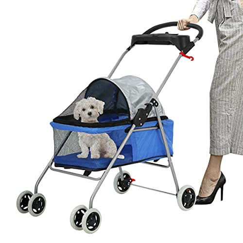 Blue lightweight foldable pet stroller for small dogs and cats with mesh windows, cup holders, and shock-absorbing wheels, ideal for travel and everyday use