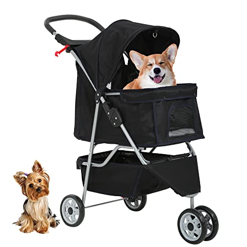 Travel in Style with Your Pet: Foldable Dog Stroller with Storage Basket and Cup Holders (Black, 3 Wheels).