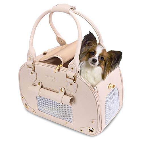 PetsHome Foldable Waterproof Leather Pet Carrier Purse in beige with mesh ventilation and gold hardware, designed for small dogs and cats