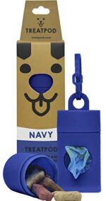 Navy TreatPod leash treat holder and poop bag dispenser, featuring an airtight treat compartment, compact design, and includes 15 eco-friendly extra strength bags.