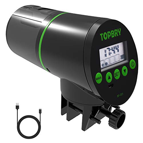 TOPBRY automatic fish feeder with USB recharge feature, digital timer, and adjustable feeding options, designed for aquariums and turtles