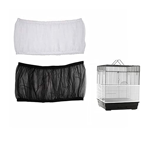 A black and white 2-pack bird cage seed catcher made from soft, airy nylon mesh, securely fitted around a birdcage to prevent seed and feather mess, while allowing air circulation and light inside