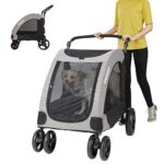 Foldable Pet Jogger Stroller for Dogs - 4 Wheels, Adjustable Handle, Mesh Skylight, Zipper Entry, Perfect for Small to Large Dogs and Other Pets Travel (Gray).