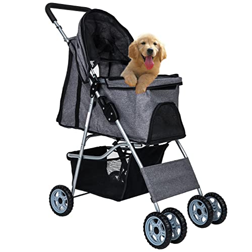 Convenient and Stylish Dog Stroller: Waterproof Travel Folding Cart for Small-Medium Dogs and Cats - 4 Wheels, Cup Holder, Locking Wheel.