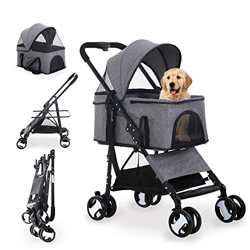 3-in-1 Folding Canine Stroller: The Ultimate Travel Companion for Small to Medium Pets! With Removable Service Storage Basket, Waterproof Design, Lightweight Construction, and 4 Wheels for Ultimate Maneuverability in Gray.