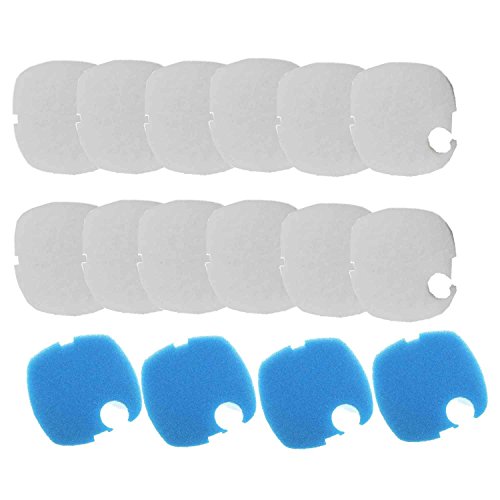 16PCS Aquarium Replacement Filter Pads for SUNSUN GRECH HW-304 & HW-404B, including 12 white pads and 4 blue pads for effective filtration in an 8.5x8.5-inch size